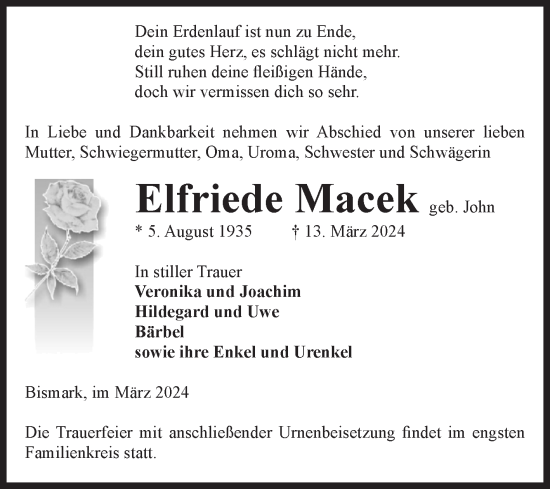 Traueranzeige von Elfriede Macek von Volksstimme Altmark Ost