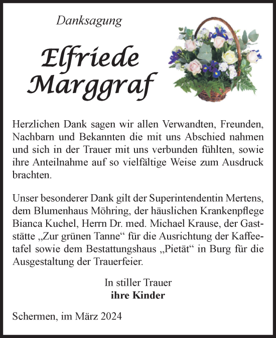 Traueranzeige von Elfriede Marggraf von Volksstimme Burg/Genthin