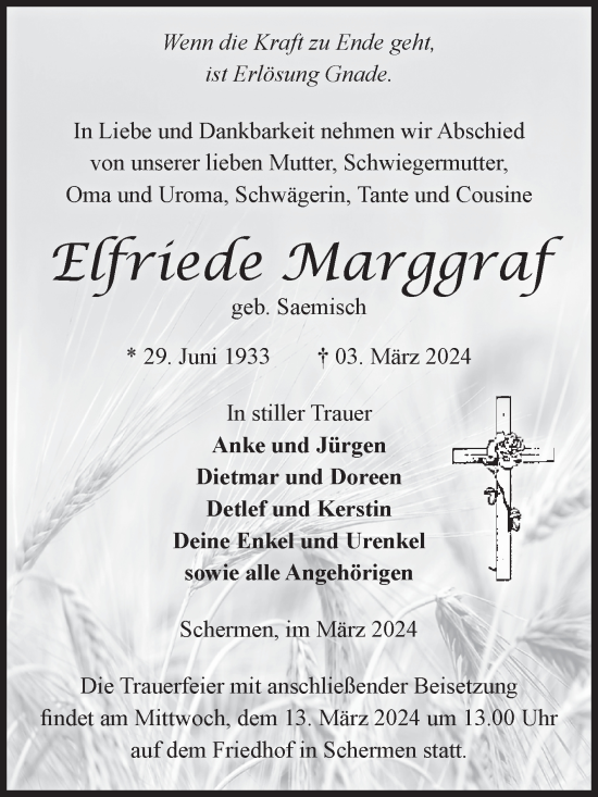 Traueranzeige von Elfriede Marggraf von Volksstimme Burg/Genthin
