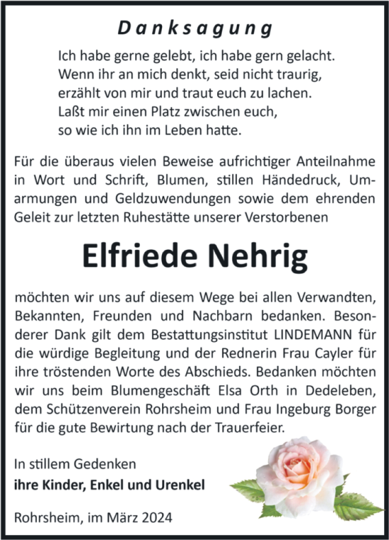 Traueranzeige von Elfriede Nehrig von Volksstimme Halberstadt