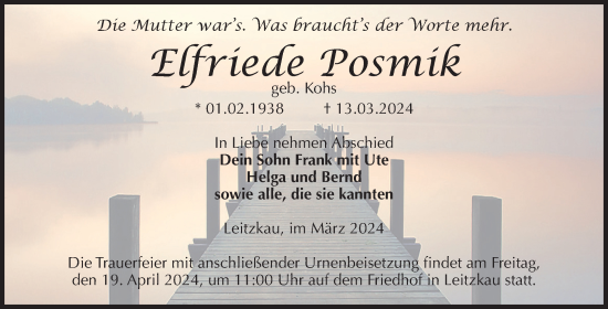 Traueranzeige von Elfriede Posmik von Volksstimme Zerbst