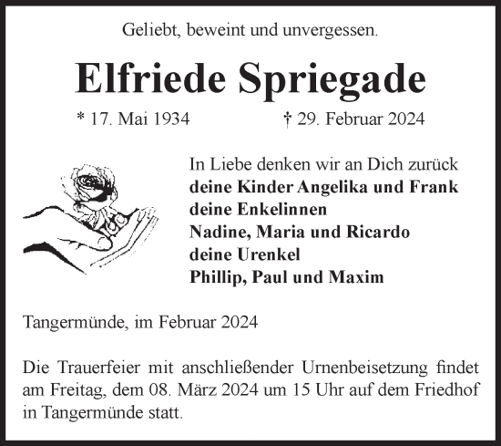 Traueranzeige von Elfriede Spriegade von Volksstimme Altmark Ost