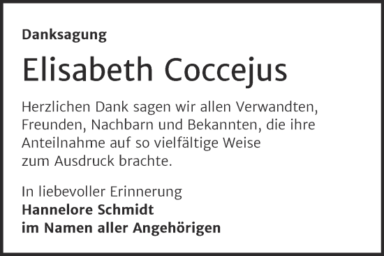 Traueranzeige von Elisabeth Coccejus von Trauerkombi Sangerhausen