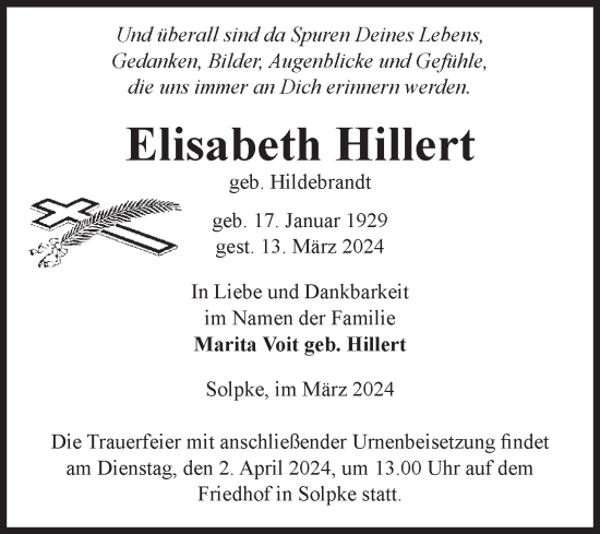 Traueranzeige von Elisabeth Hillert von Volksstimme Altmark West
