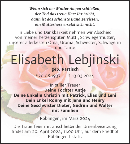 Traueranzeige von Elisabeth Lebjinski von Trauerkombi Mansfelder Land