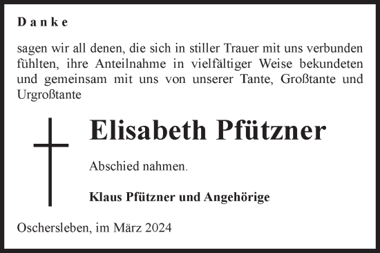 Traueranzeige von Elisabeth Pfützner von Volksstimme Oschersleben/Wanzleben