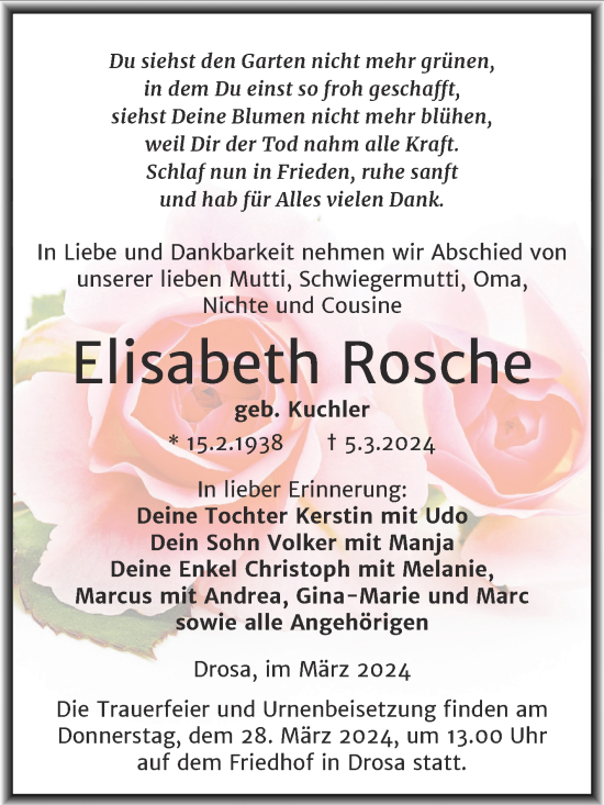 Traueranzeige von Elisabeth Rosche von Trauerkombi Köthen