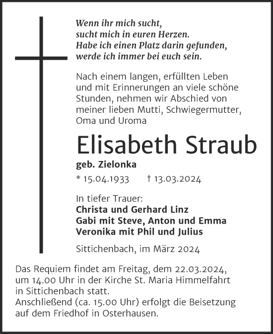 Traueranzeige von Elisabeth Straub von Mitteldeutsche Zeitung Mansfelder Land
