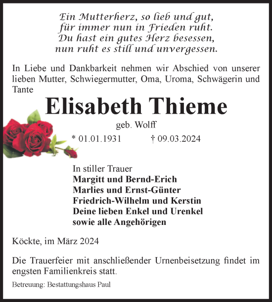 Traueranzeige von Elisabeth Thieme von Volksstimme Altmark West