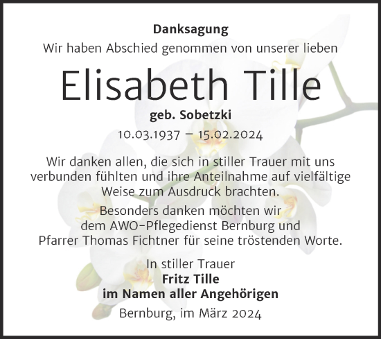 Traueranzeige von Elisabeth Tille von Trauerkombi Bernburg