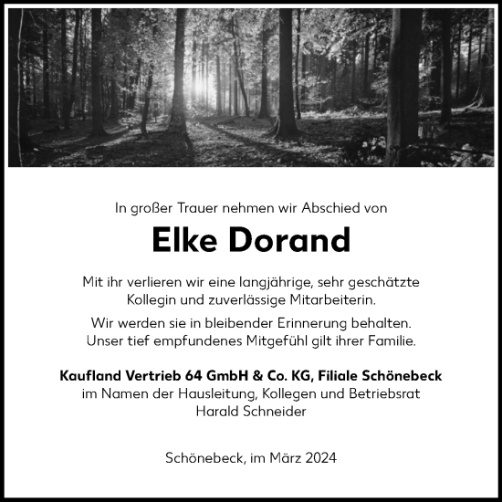 Traueranzeige von Elke Dorand von Volksstimme Schönebeck