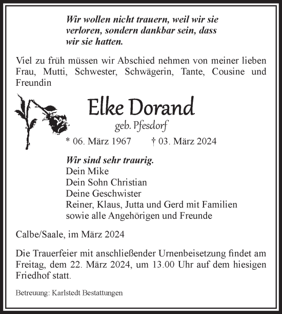 Traueranzeige von Elke Dorand von Volksstimme Schönebeck