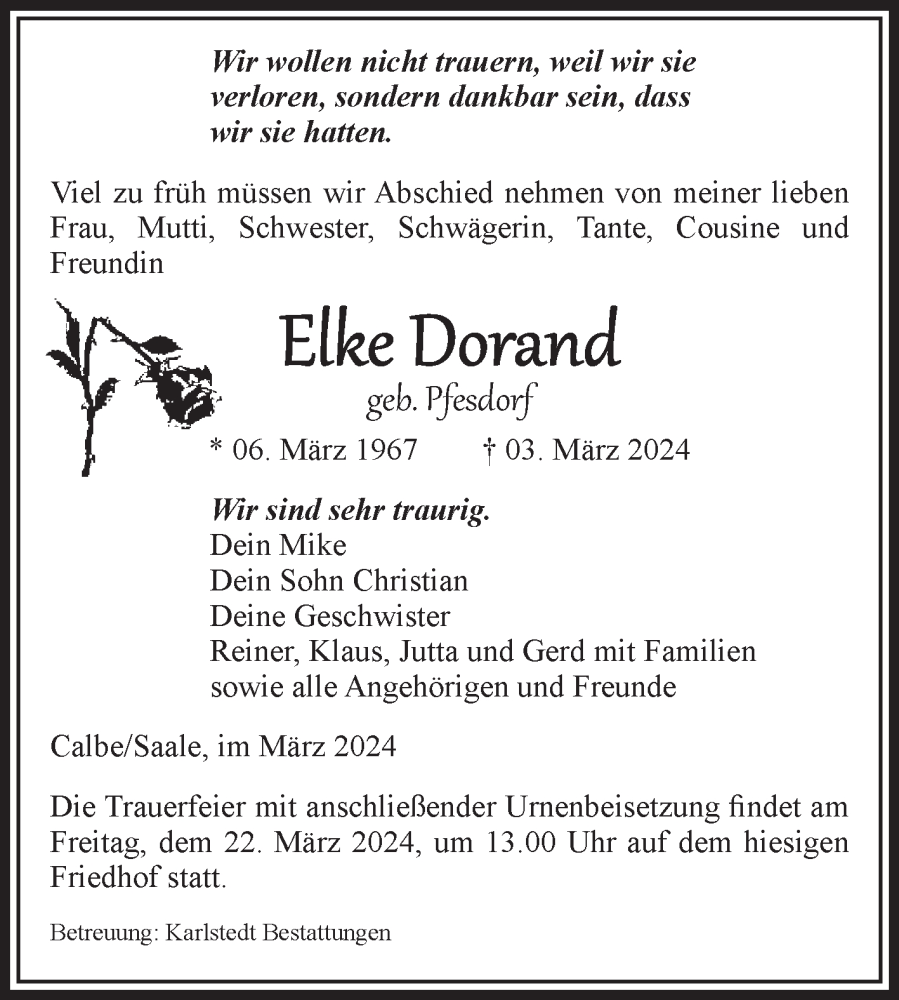  Traueranzeige für Elke Dorand vom 09.03.2024 aus Volksstimme Schönebeck