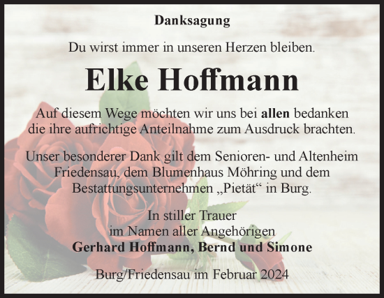 Traueranzeige von Elke Hoffmann von Volksstimme Burg/Genthin