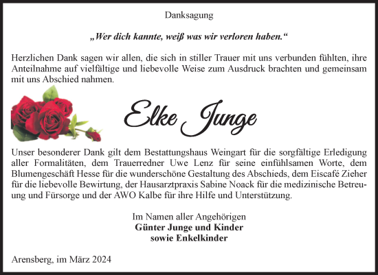 Traueranzeige von Elke Junge von Volksstimme Altmark Ost
