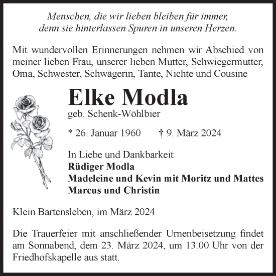 Traueranzeige von Elke Modla von Volksstimme Haldensleben/Wolmirstedt