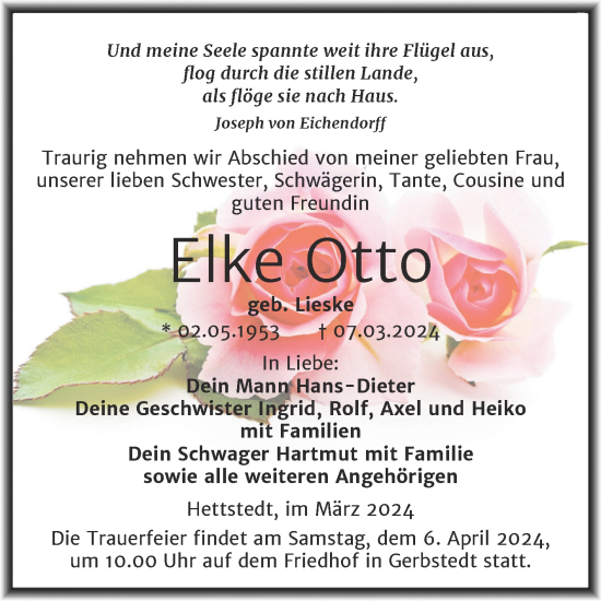 Traueranzeige von Elke Otto von Trauerkombi Mansfelder Land
