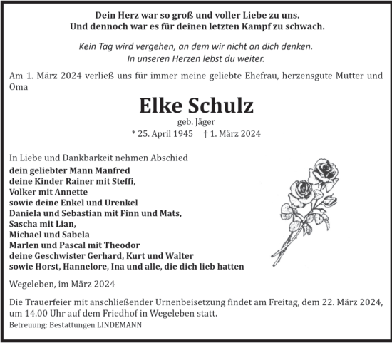 Traueranzeige von Elke Schulz von Volksstimme Halberstadt