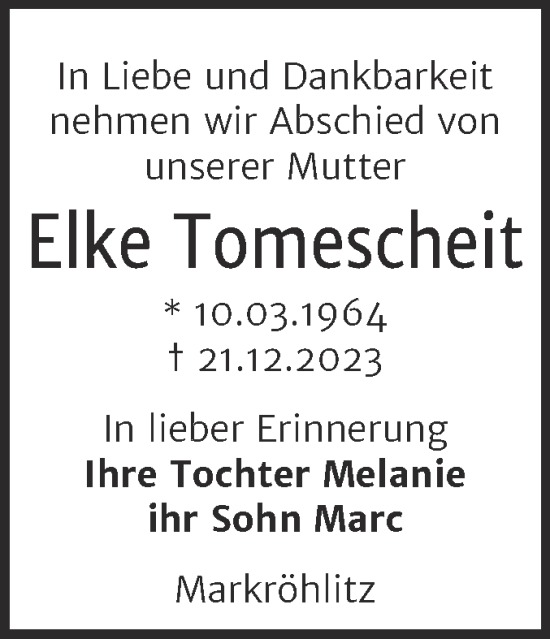 Traueranzeige von Elke Tomescheit von Mitteldeutsche Zeitung Weißenfels