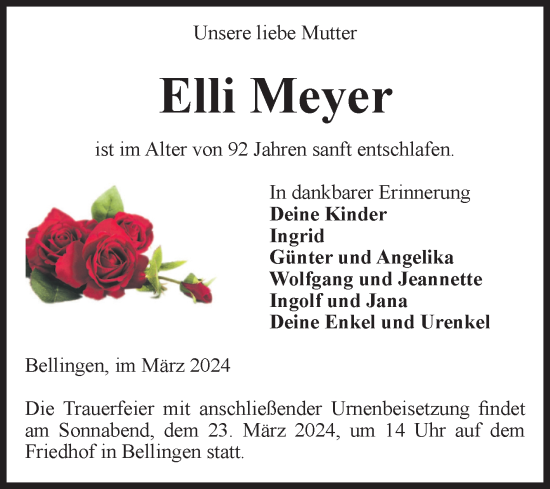 Traueranzeige von Elli Meyer von Volksstimme Altmark Ost