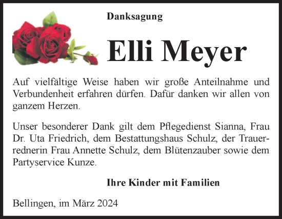 Traueranzeige von Elli Meyer von Volksstimme Altmark Ost