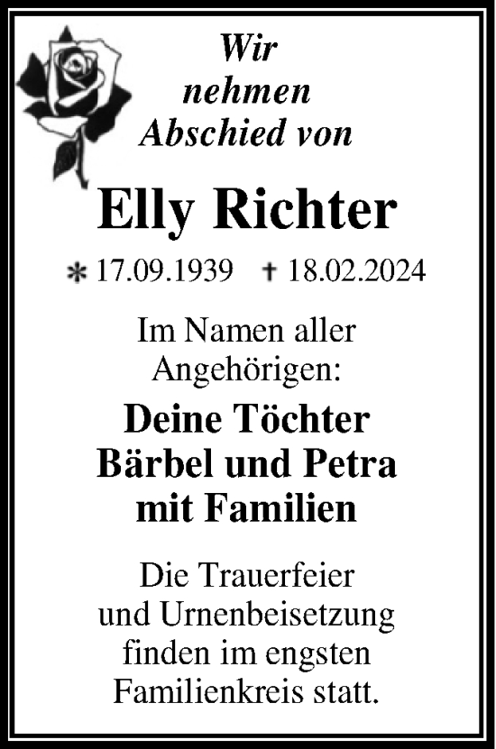 Traueranzeige von Elly Richter von Trauerkombi Dessau