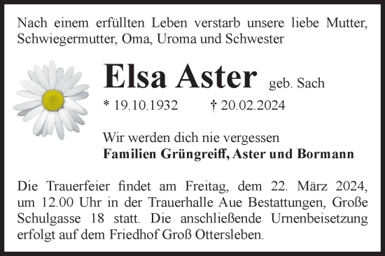 Traueranzeige von Elsa Aster von Volksstimme Magdeburg