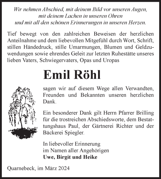 Traueranzeige von Emil Röhl von Volksstimme Altmark West