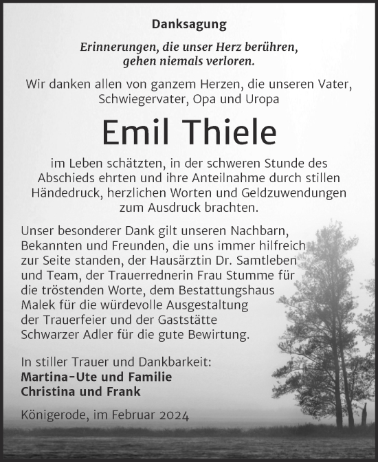 Traueranzeige von Emil Thiele von Trauerkombi Quedlinburg