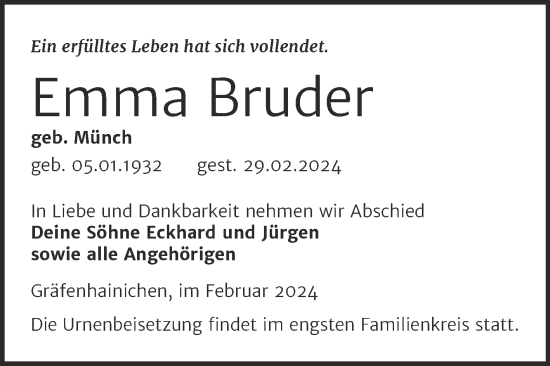 Traueranzeige von Emma Bruder von Trauerkombi Wittenberg