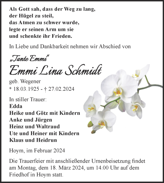 Traueranzeige von Emmi Lina Schmidt von Trauerkombi Aschersleben