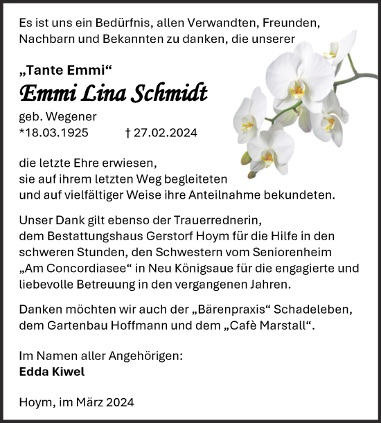 Traueranzeige von Emmi Lina Schmidt von Trauerkombi Aschersleben