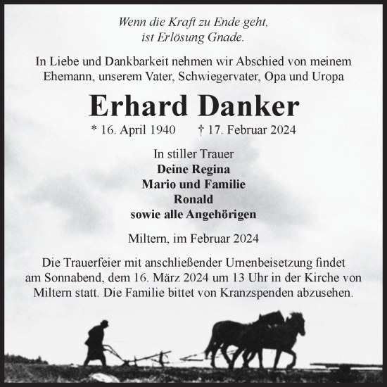 Traueranzeige von Erhard Danker von Volksstimme Altmark Ost