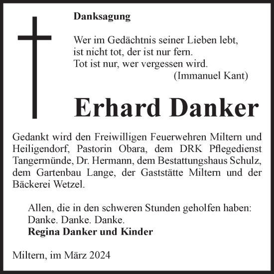 Traueranzeige von Erhard Danker von Volksstimme Altmark Ost