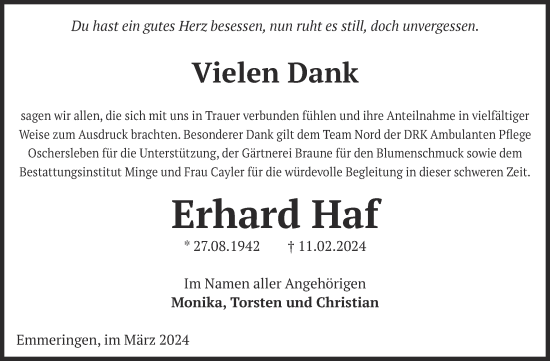 Traueranzeige von Erhard Haf von Volksstimme Oschersleben/Wanzleben