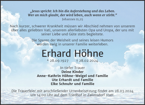 Traueranzeige von Erhard Höhne von Trauerkombi Wittenberg
