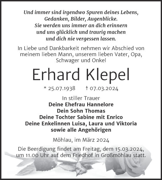 Traueranzeige von Erhard Klepel 