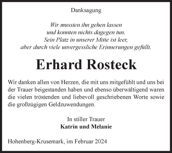 Traueranzeige von Erhard Rosteck von Volksstimme Altmark Ost