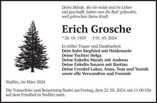 Traueranzeige von Erich Grosche von Volksstimme Zerbst