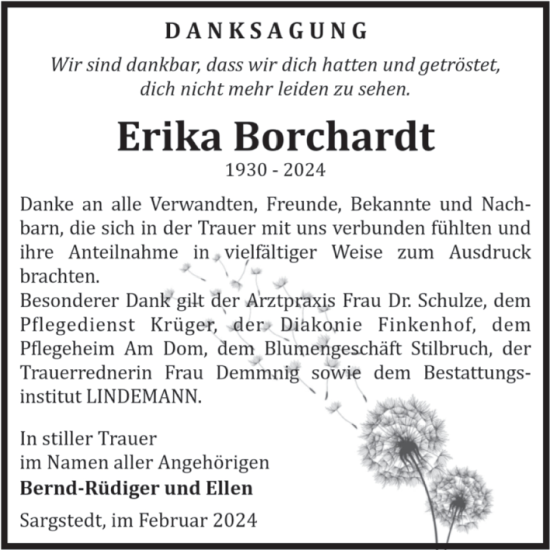 Traueranzeige von Erika Borchardt von Volksstimme Halberstadt