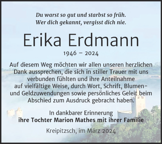 Traueranzeige von Erika Erdmann von Naumburger Tageblatt