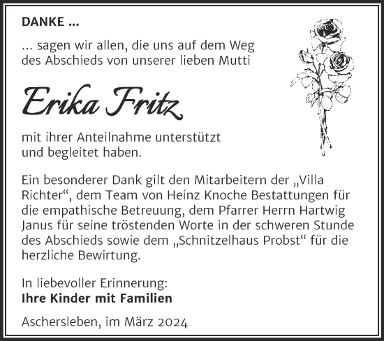 Traueranzeige von Erika Fritz von Trauerkombi Aschersleben