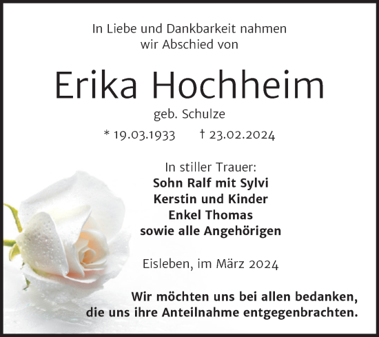 Traueranzeige von Erika Hochheim von Trauerkombi Mansfelder Land