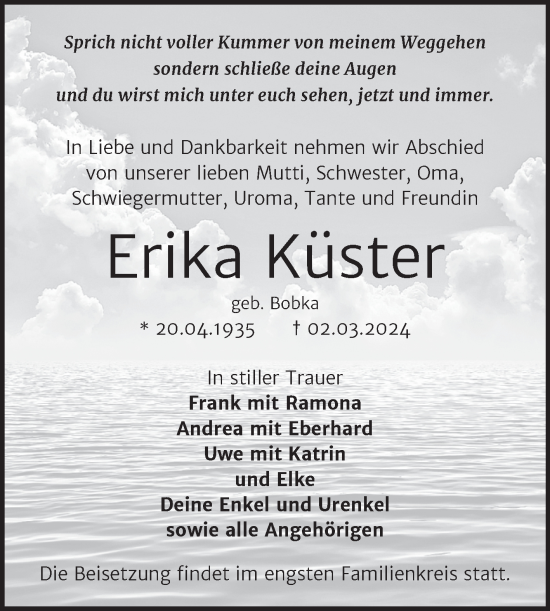 Traueranzeige von Erika Küster von Trauerkombi Weißenfels