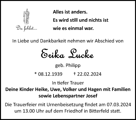 Traueranzeige von Erika Lucke von Trauerkombi Bitterfeld