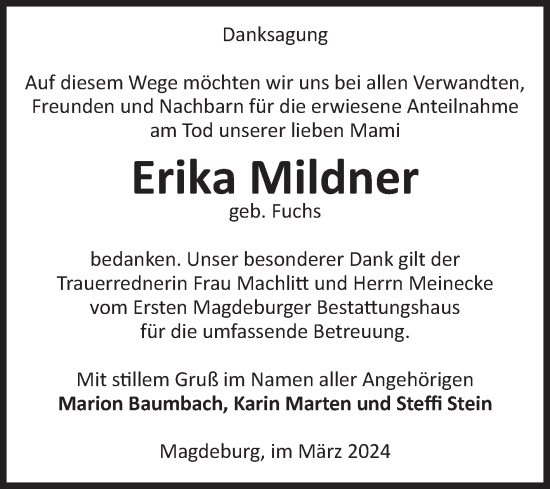 Traueranzeige von Erika Mildner von Volksstimme Magdeburg