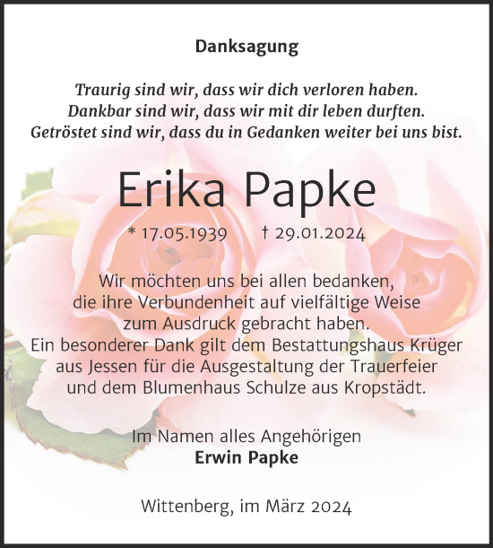 Traueranzeige von Erika Papke von Trauerkombi Wittenberg
