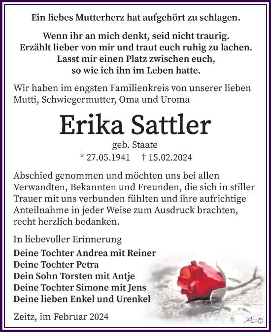 Traueranzeige von Erika Sattler von Trauerkombi Zeitz