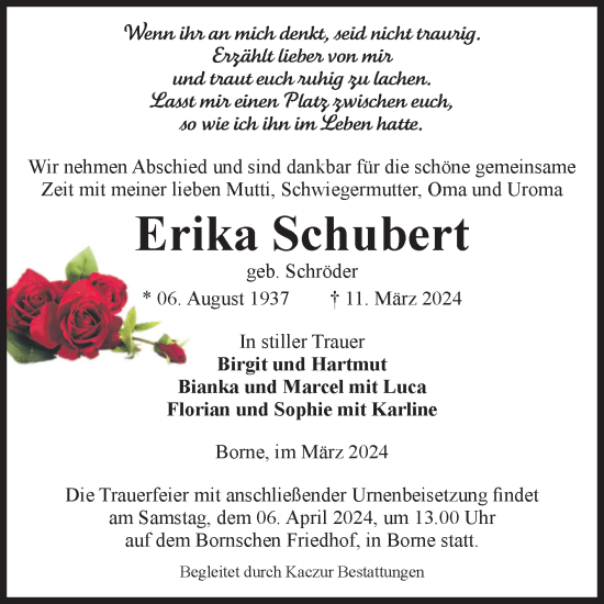 Traueranzeige von Erika Schubert von Volksstimme Staßfurt