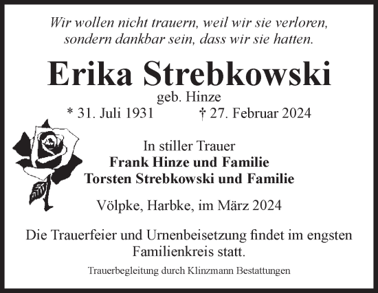Traueranzeige von Erika Strebkowski von Volksstimme Oschersleben/Wanzleben